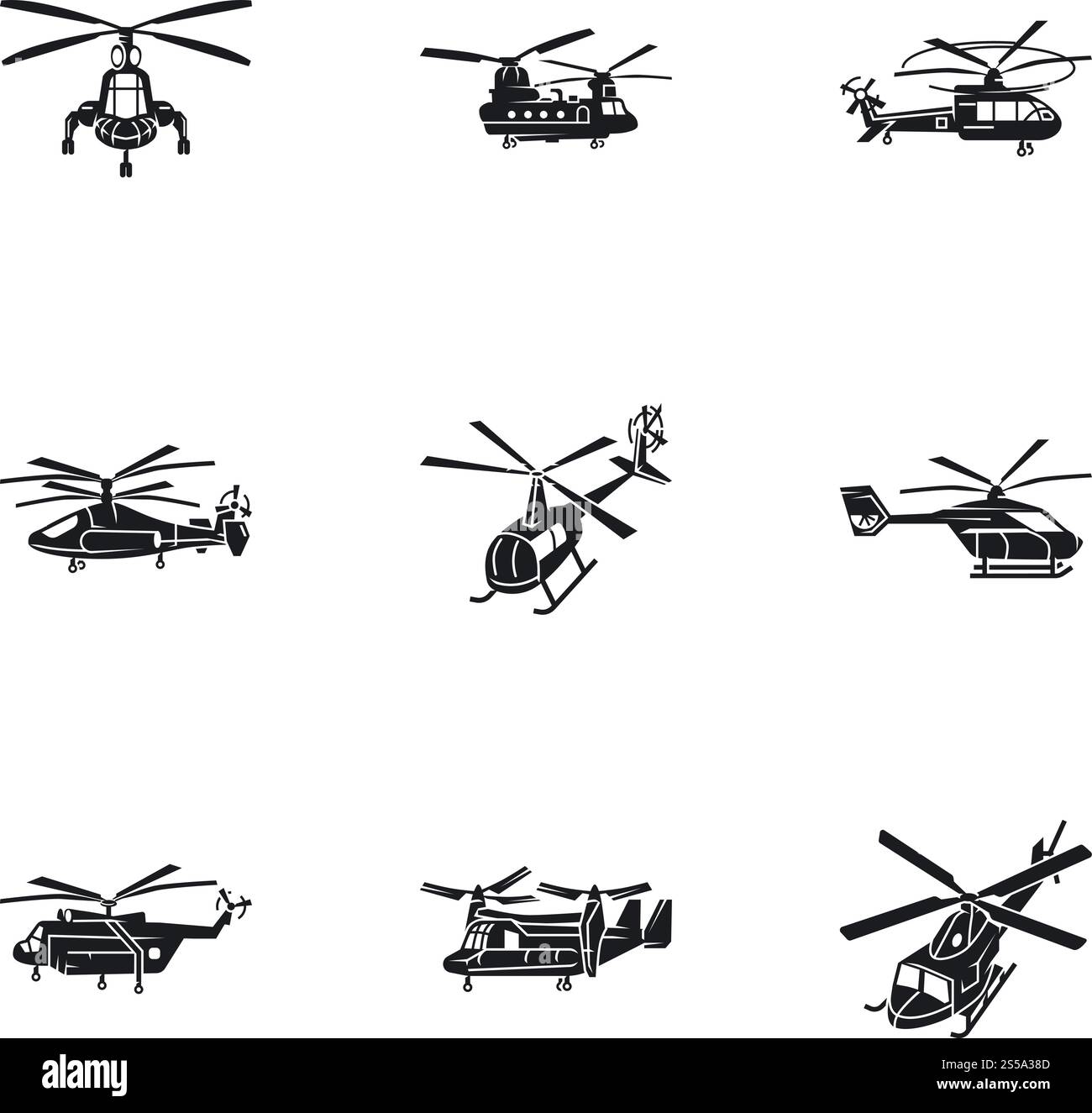 Modernes Helikopter-Symbol-Set. Einfacher Satz von 9 modernen Hubschrauber-Vektorsymbolen für Webdesign isoliert auf weißem Hintergrund. Modernes Helikopter-Symbol-Set, schlichter Stil Stock Vektor
