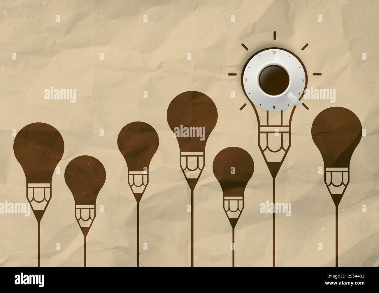 Tasse frischen Kaffee mit Uhr Schild auf dem zerknitterten Recycle Papier als kreatives Konzept 3d Stockfoto