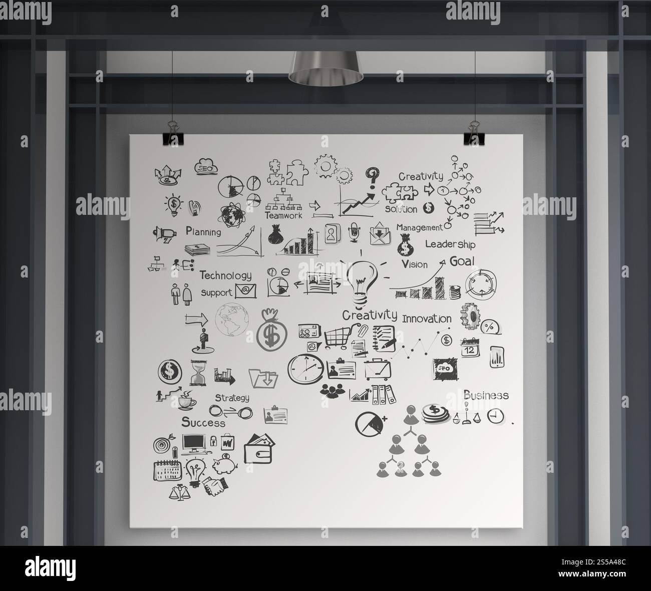 Business-Konzept auf Plakat mit Zusammensetzung Wand mit Stahlrahmen Hintergrund Stockfoto