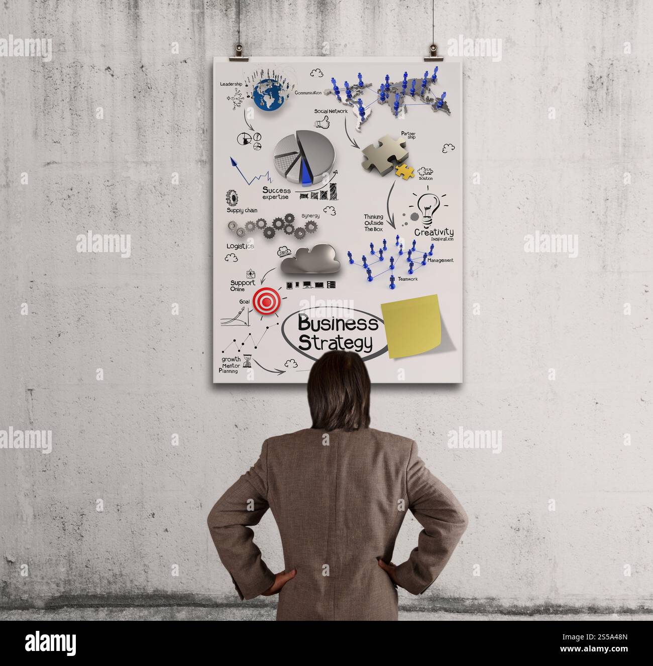 Geschäftsmann, der ein Geschäftskonzept auf der Posterwand sieht Stockfoto