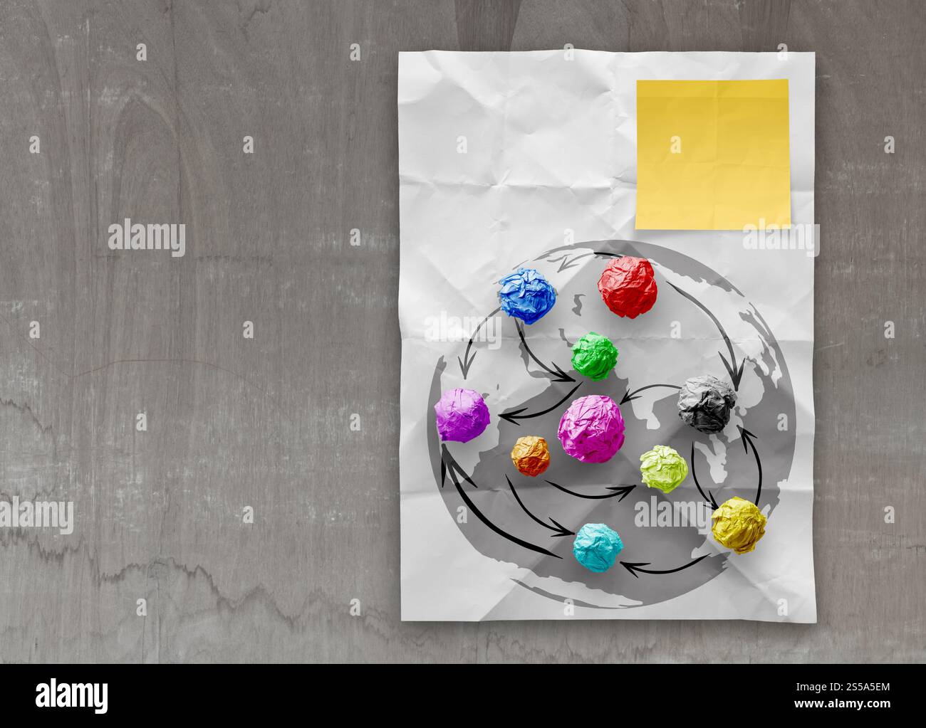 zerknittertes Papier Farben als soziales Netzwerkstruktur auf faltige Papier Kreativkonzept Stockfoto