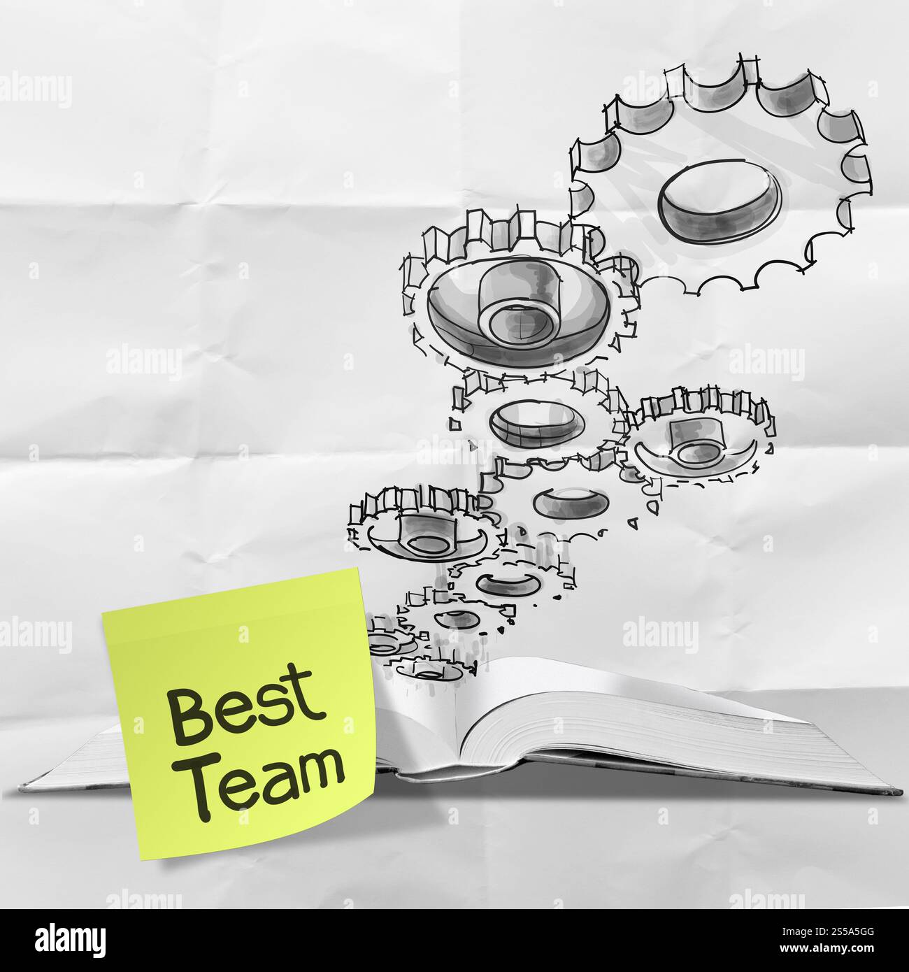 handgezeichnete Gang Zahnrad beste Team mit Notiz auf zerknülltes Papier als Konzept Stockfoto