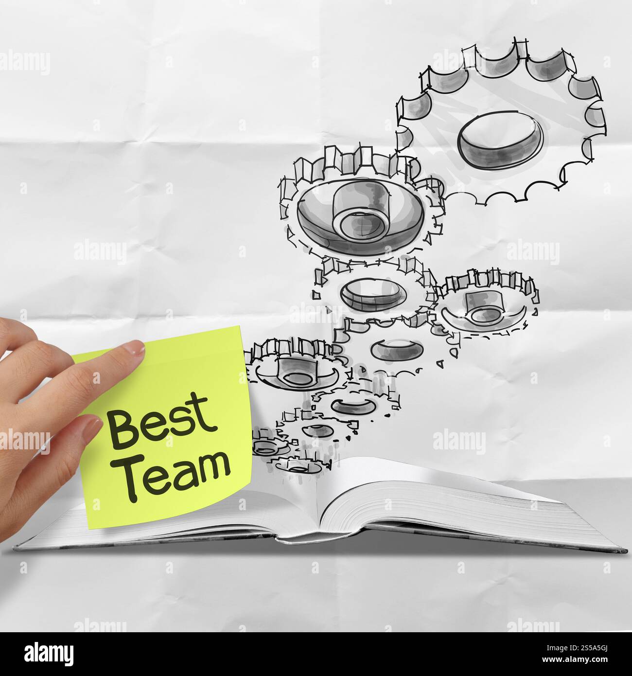 handgezeichnete Gang Zahnrad beste Team mit Notiz auf zerknülltes Papier als Konzept Stockfoto