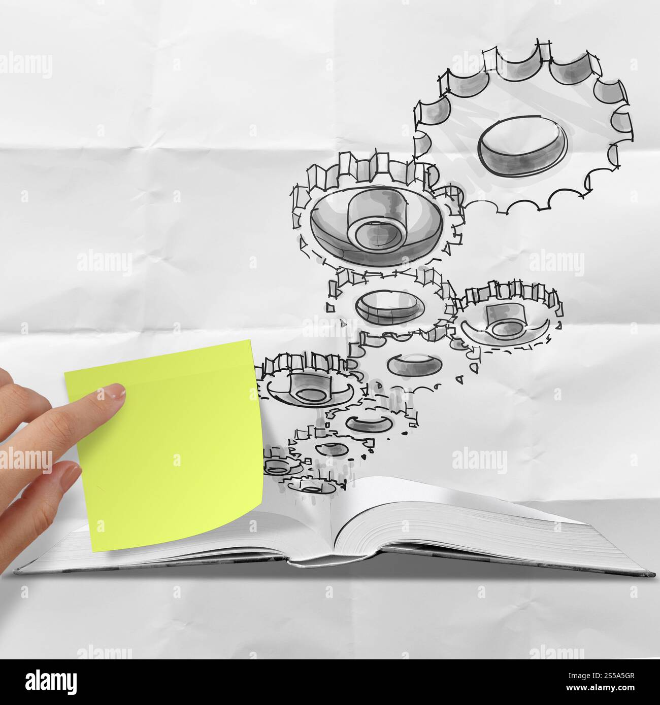 handgezeichnete Gang Zahnrad mit leeren Notiz auf zerknülltes Papier als Konzept Stockfoto