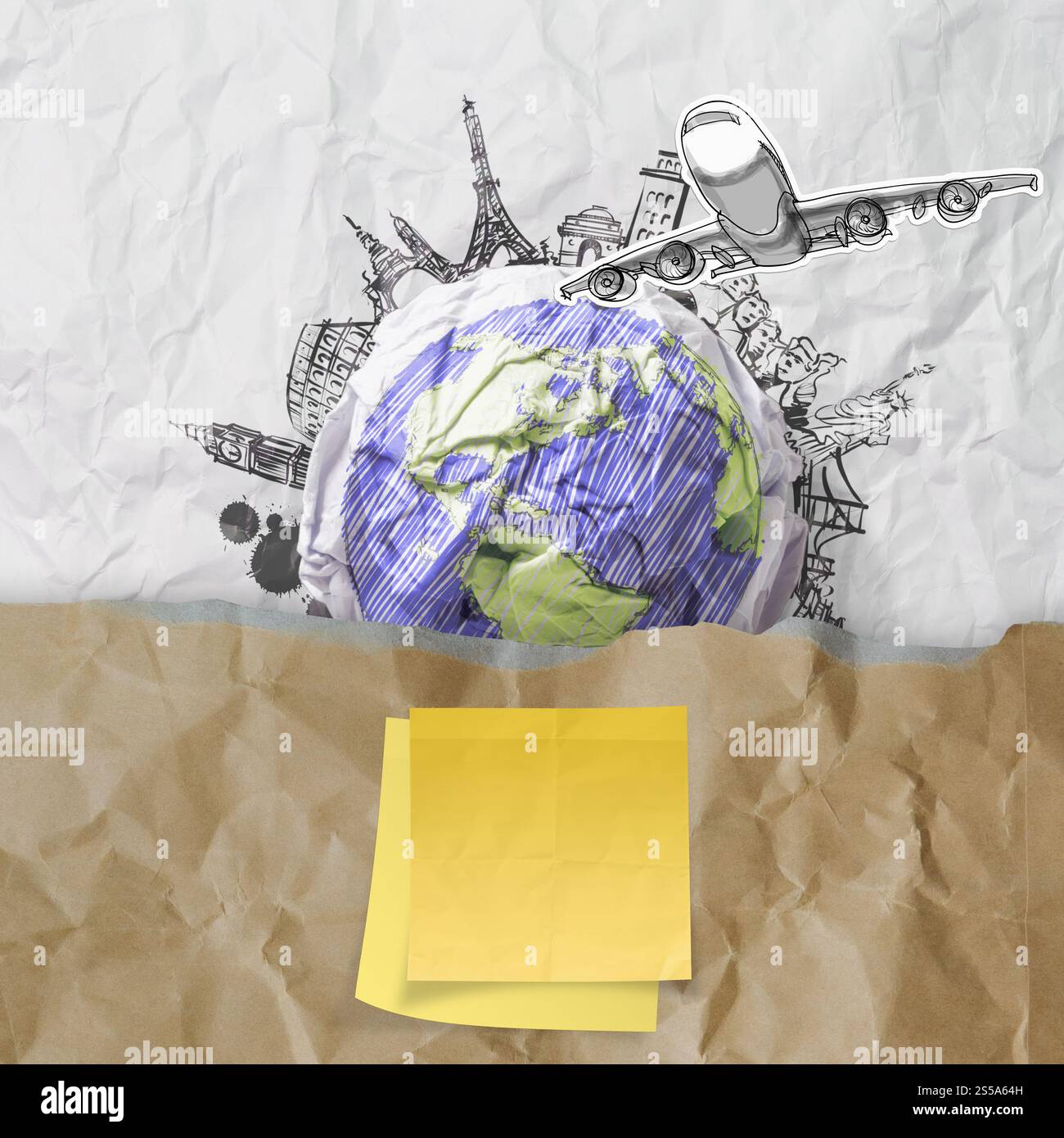 Notiz auf Recycling-Umschlag mit gerillter und Reisen auf der ganzen Welt als Vintage-Stil-Konzept Stockfoto