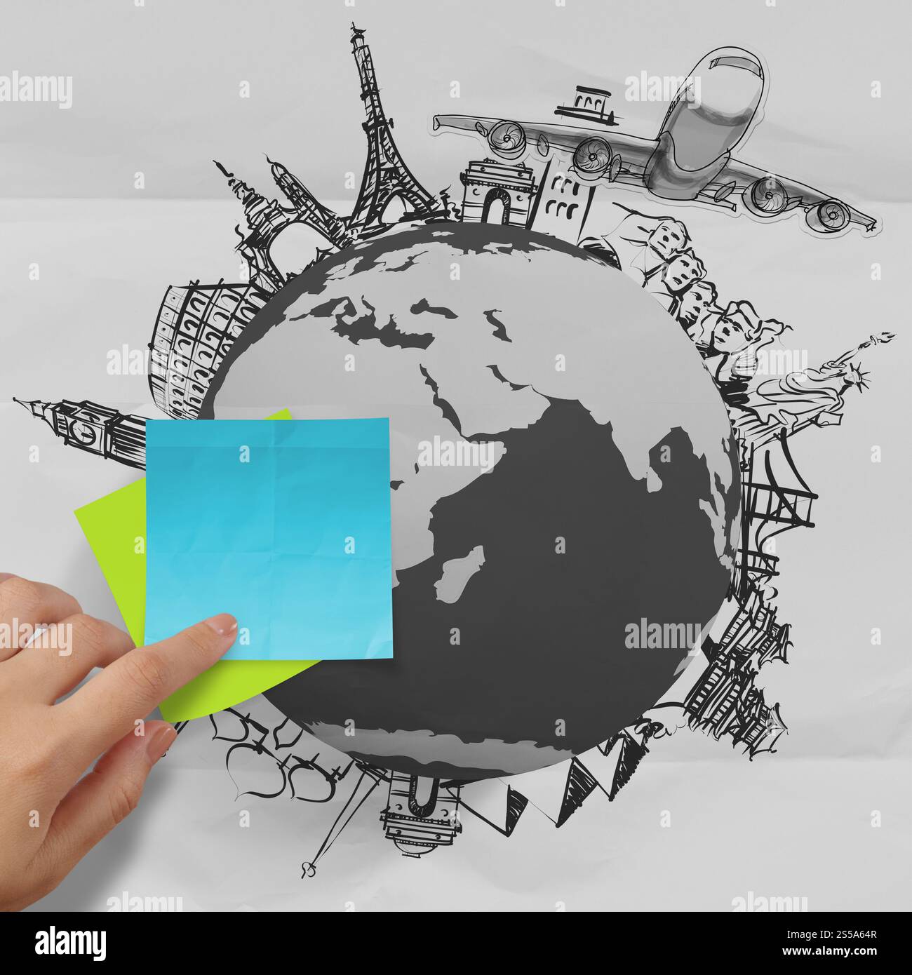 zerknittertes Papier und Reisen auf der ganzen Welt als Vintage-Stil-Konzept Stockfoto