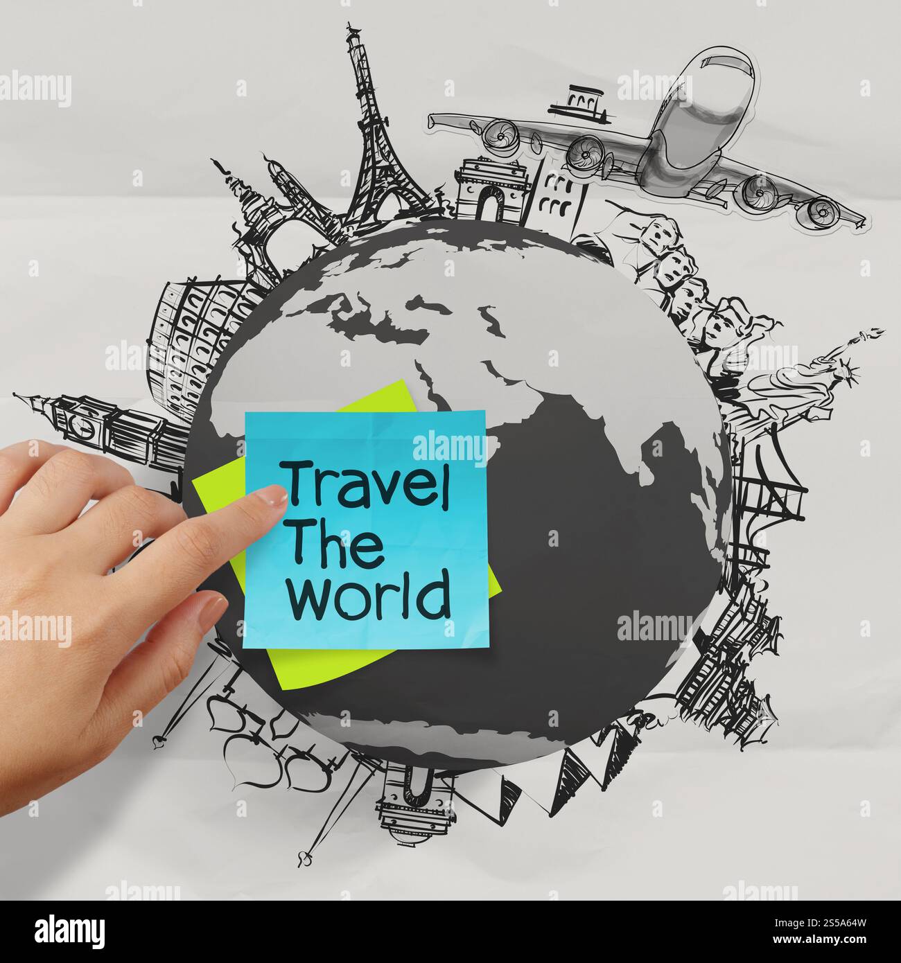 zerknittertes Papier und handgezeichneten Reisen auf der ganzen Welt als Vintage-Stil-Konzept Stockfoto