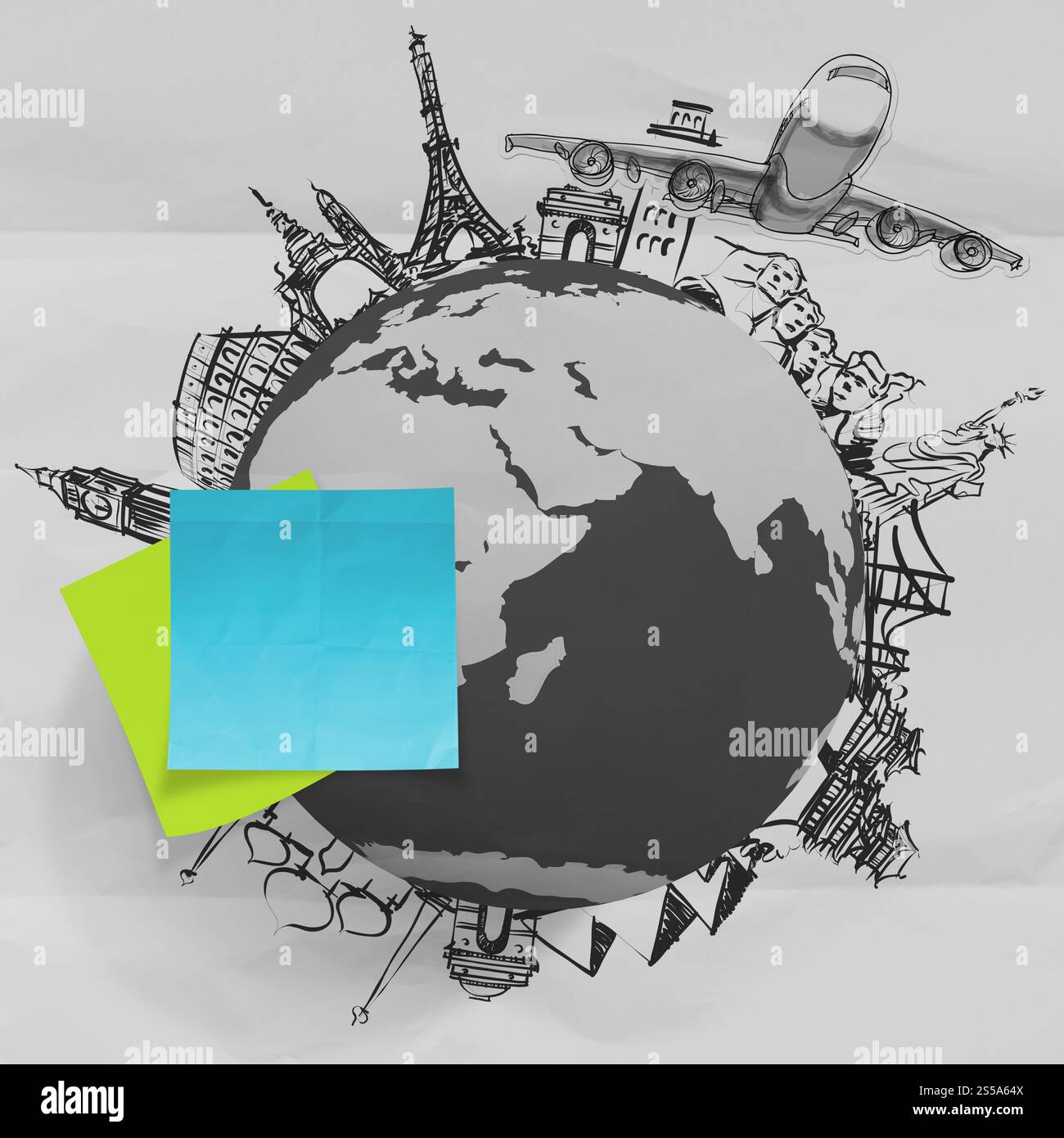 zerknittertes Papier und Reisen auf der ganzen Welt als Vintage-Stil-Konzept Stockfoto