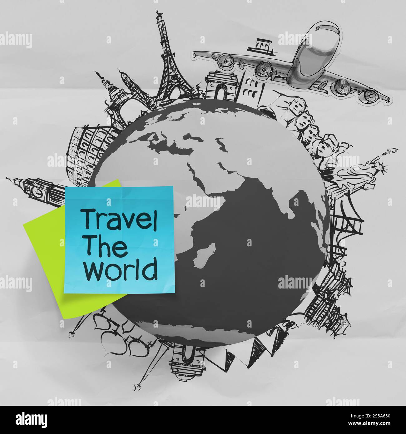 zerknittertes Papier und Reisen auf der ganzen Welt als Vintage-Stil-Konzept Stockfoto