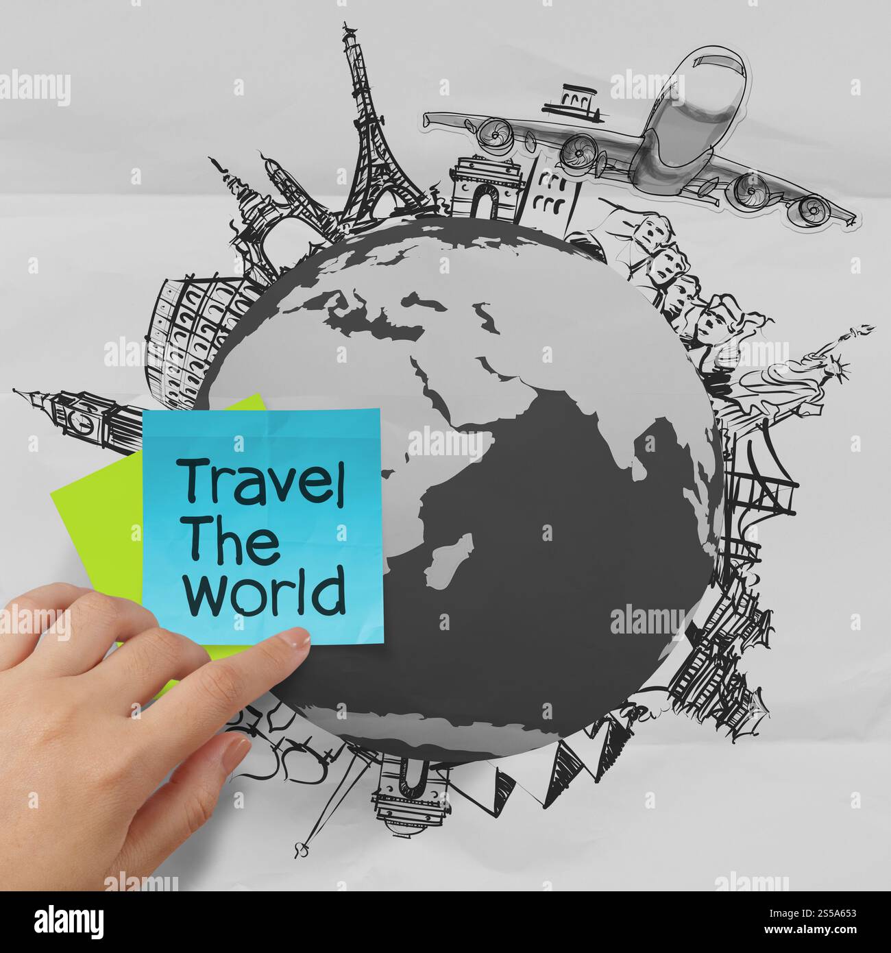 zerknittertes Papier und Reisen auf der ganzen Welt als Vintage-Stil-Konzept Stockfoto