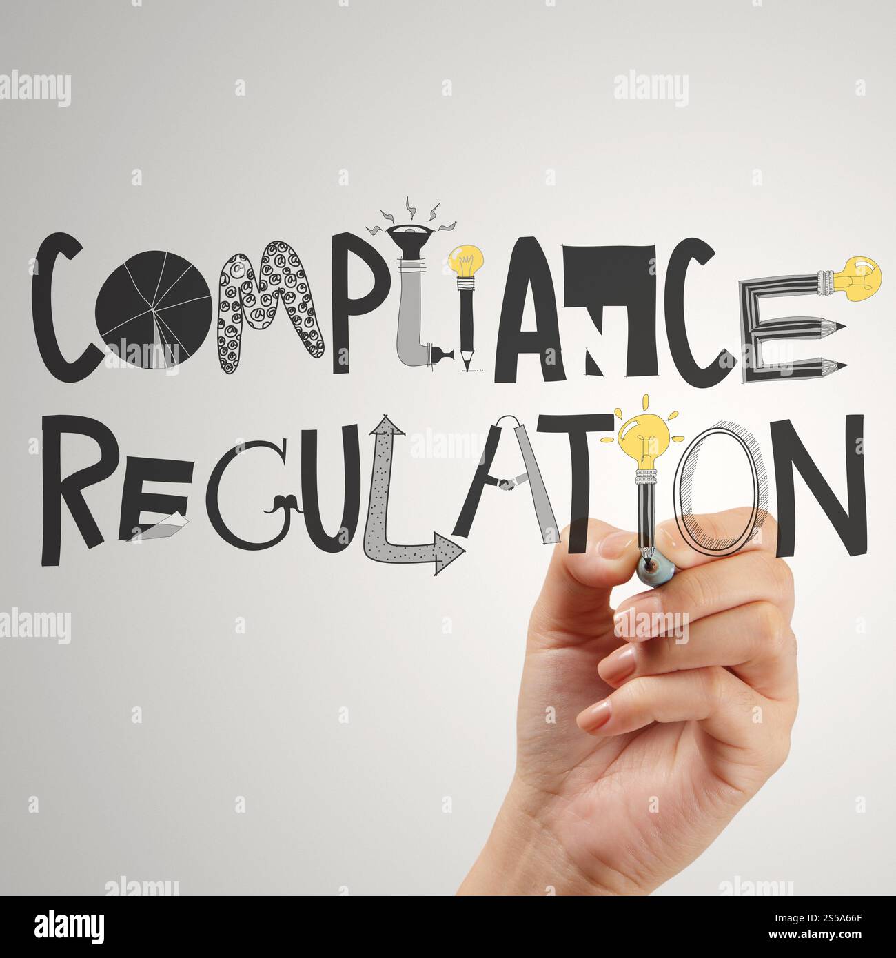 Schließen von Hand auf-Compliance-Verordnung Designwords als Konzept Stockfoto