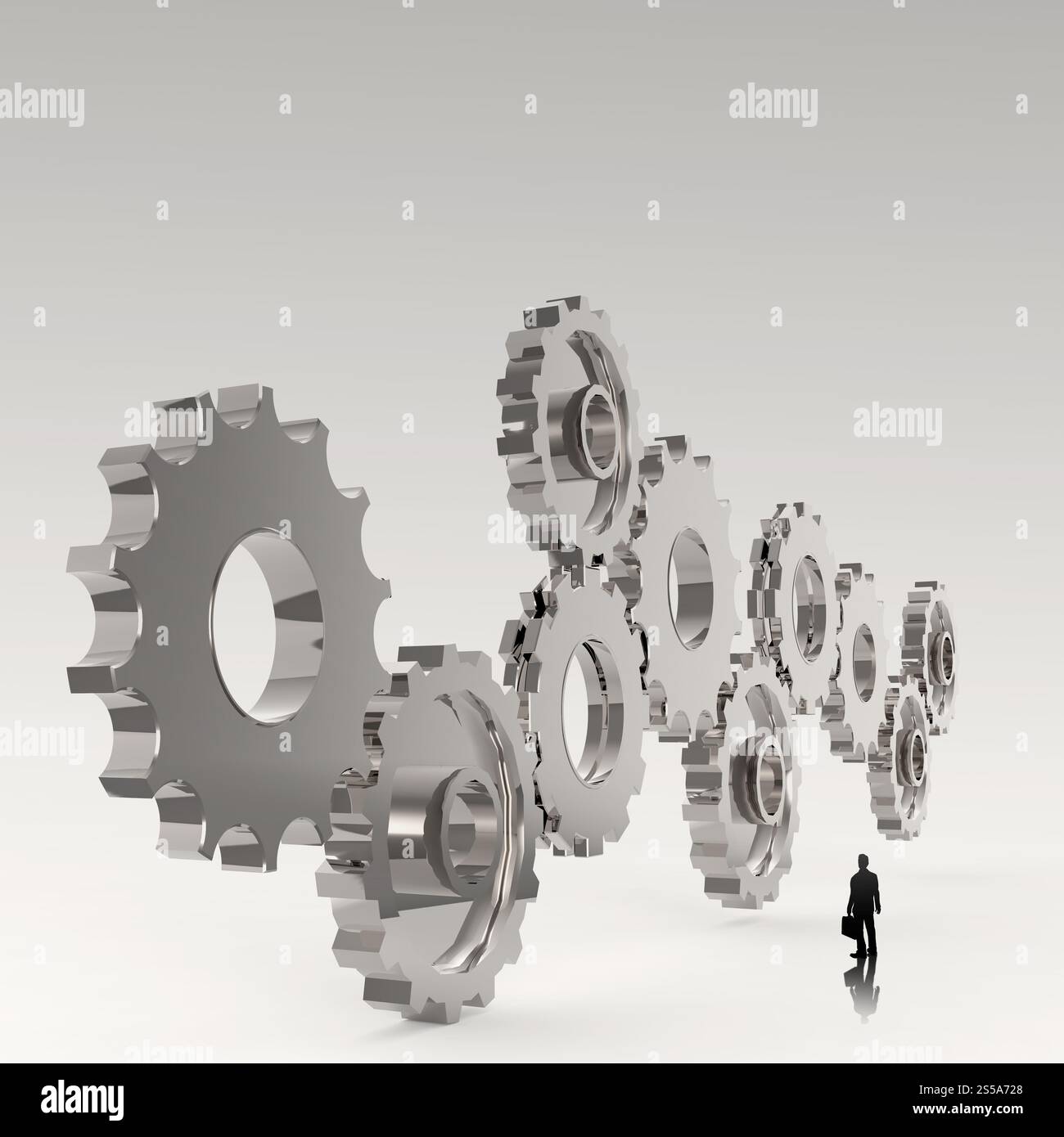 Geschäftsmann, der 3D-Zahnrad zum Erfolg als Konzept betrachtet Stockfoto