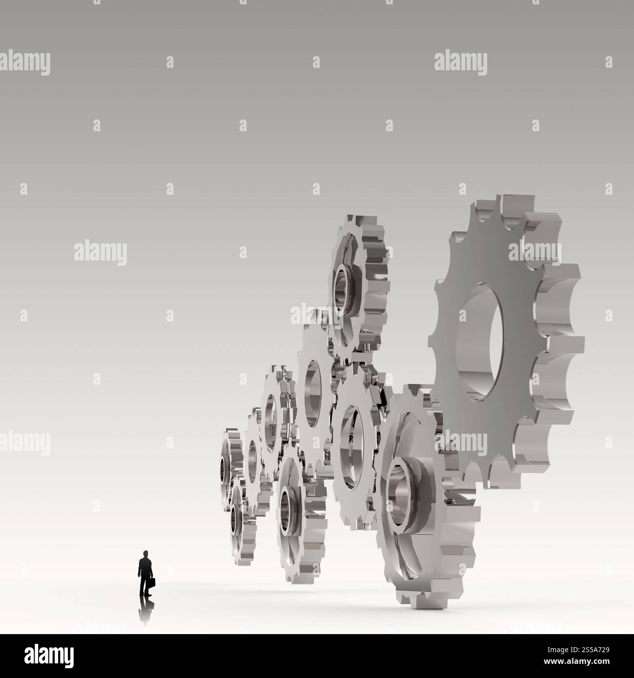 Geschäftsmann, der 3D-Zahnrad zum Erfolg als Konzept betrachtet Stockfoto