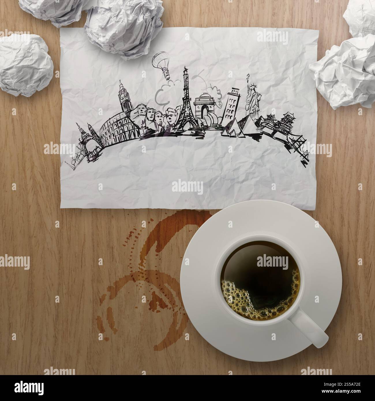 3D Tasse Kaffee auf der ganzen Welt unterwegs, zerknittertes Papier und Holz Hintergrund als Vintage-Stil-Konzept Stockfoto