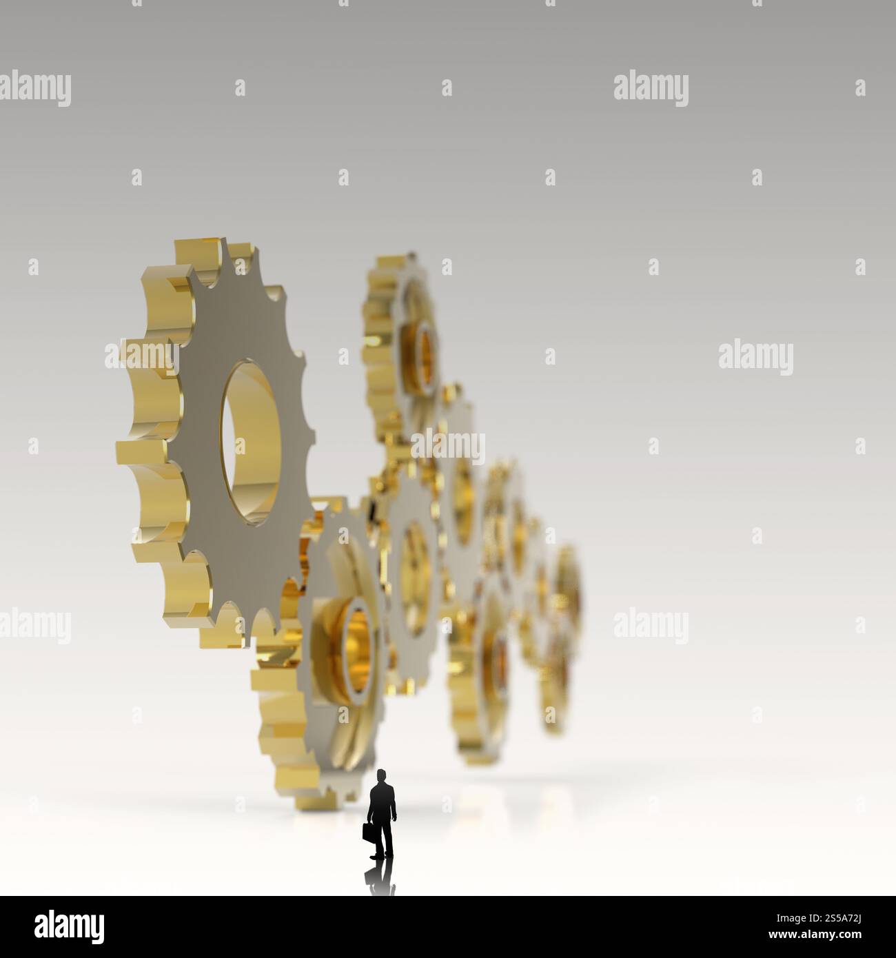 Geschäftsmann, der 3D Golden Cog Gear zum Erfolg als Konzept betrachtet Stockfoto