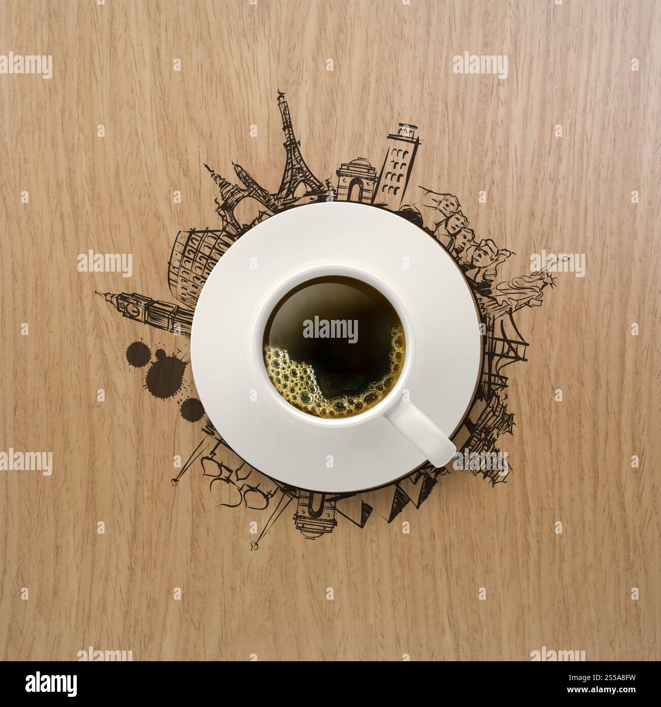 3D Tasse Kaffee aus Holz Hintergrund als Konzept auf der ganzen Welt unterwegs Stockfoto