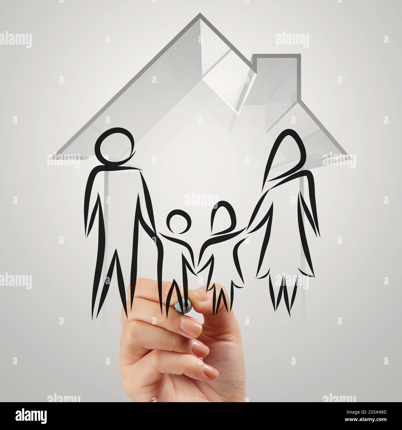 überreichen Sie Zeichnung 3d Haus mit Familie Symbol als Versicherungskonzept Stockfoto überreichen Sie Zeichnung 3d Haus mit Familie Symbol als Versicherungskonzept Stockfoto
