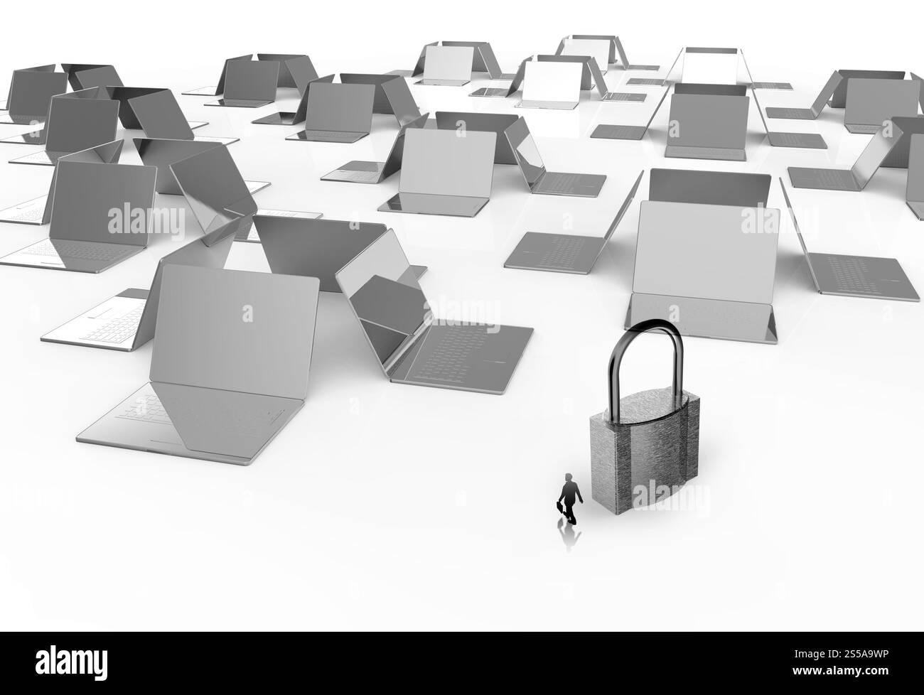 Geschäftsmann, Blick auf 3d Laptop-Computer mit Vorhängeschloss als Internet Security-Online-Business-Konzept Stockfoto