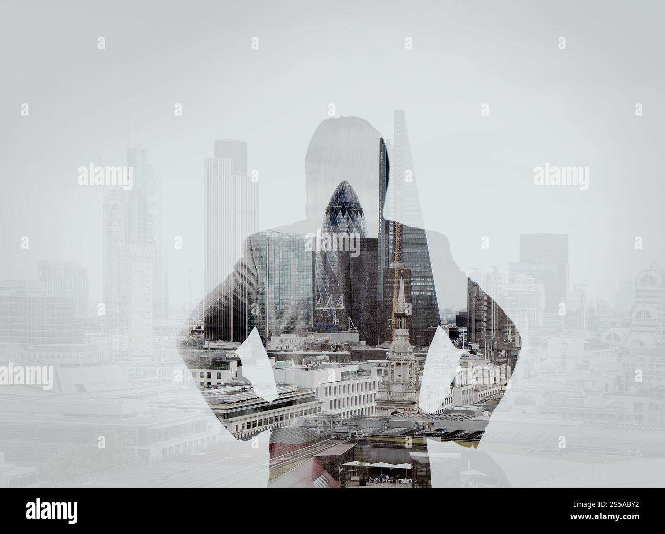 Doppelbelichtung Geschäftsmann steht erfolgreich auf Top Blick in Richtung Zukunft Stockfoto