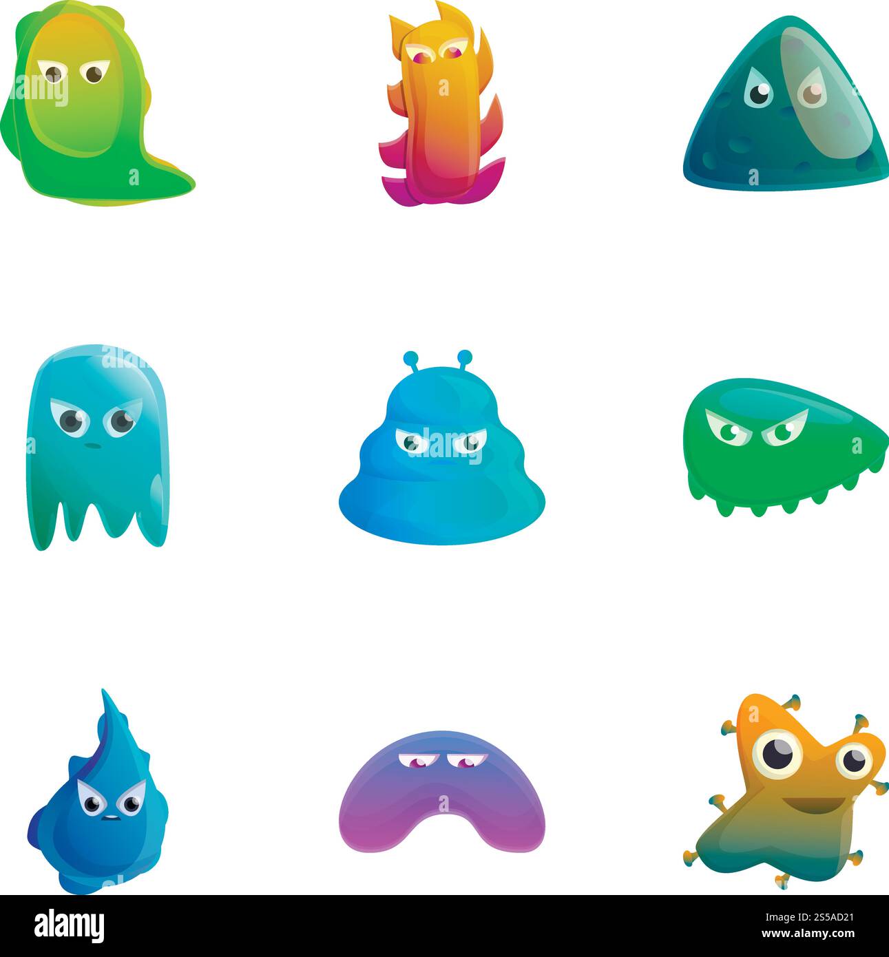 Monster-Symbol-Set. Zeichentricksatz von 9 Monster-Vektor-Icons für Web-Design isoliert auf weißem Hintergrund. Monster-Icon-Set, Cartoon-Stil Stock Vektor