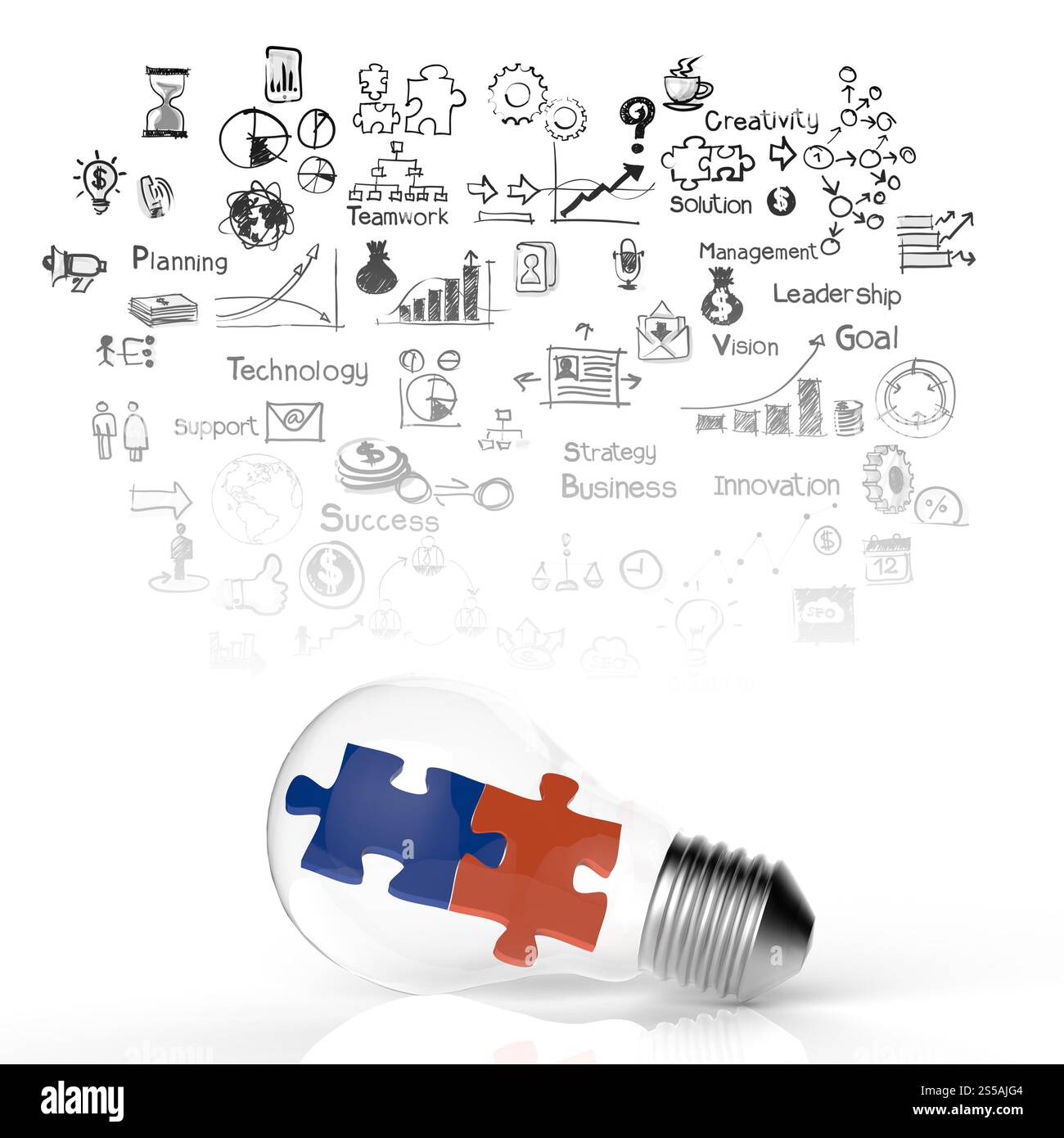 Glühbirne und Puzzleteil als Ideen und Lösungen-Konzept Stockfoto