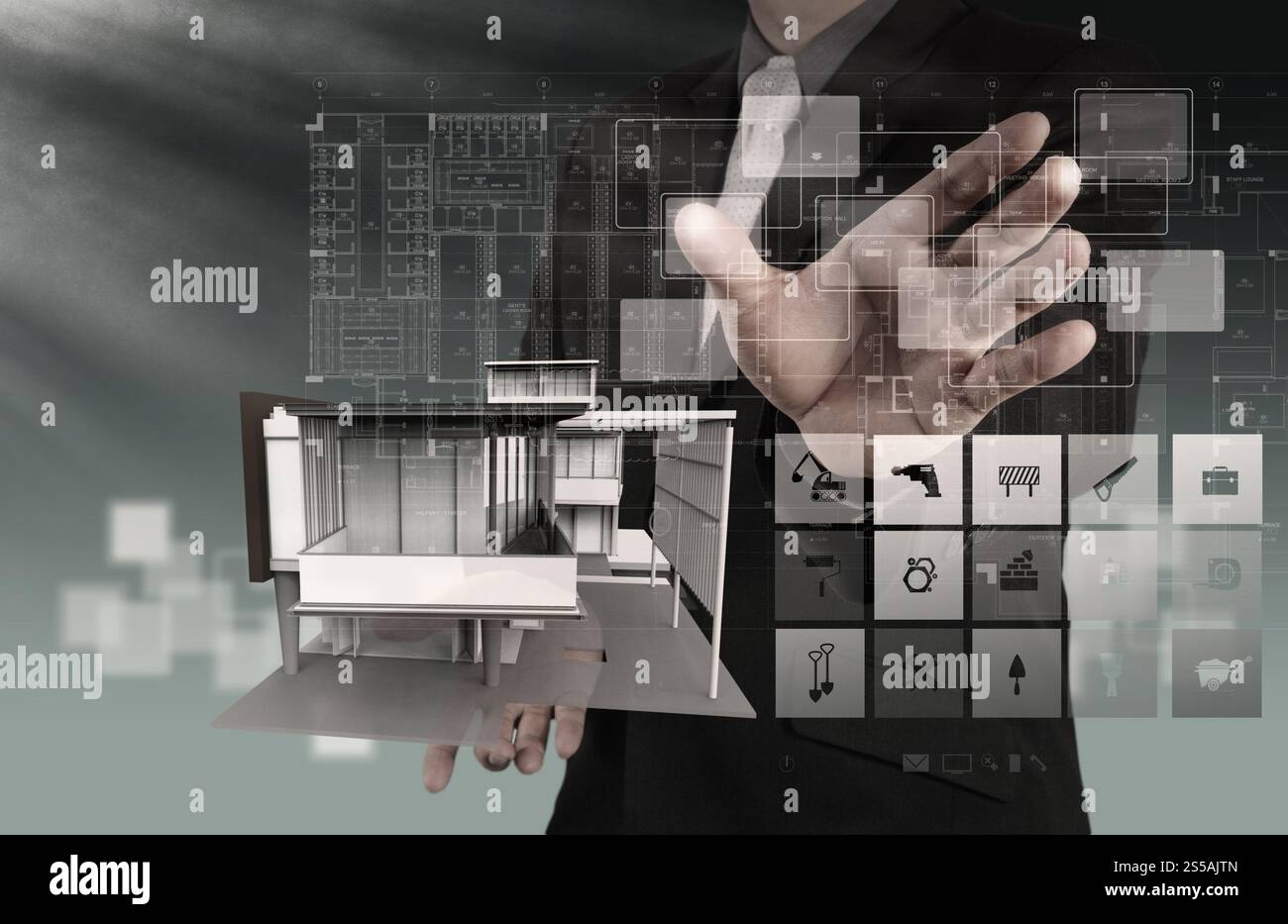 Geschäftsmann zieht Entwicklung Gebäudekonzept Stockfoto