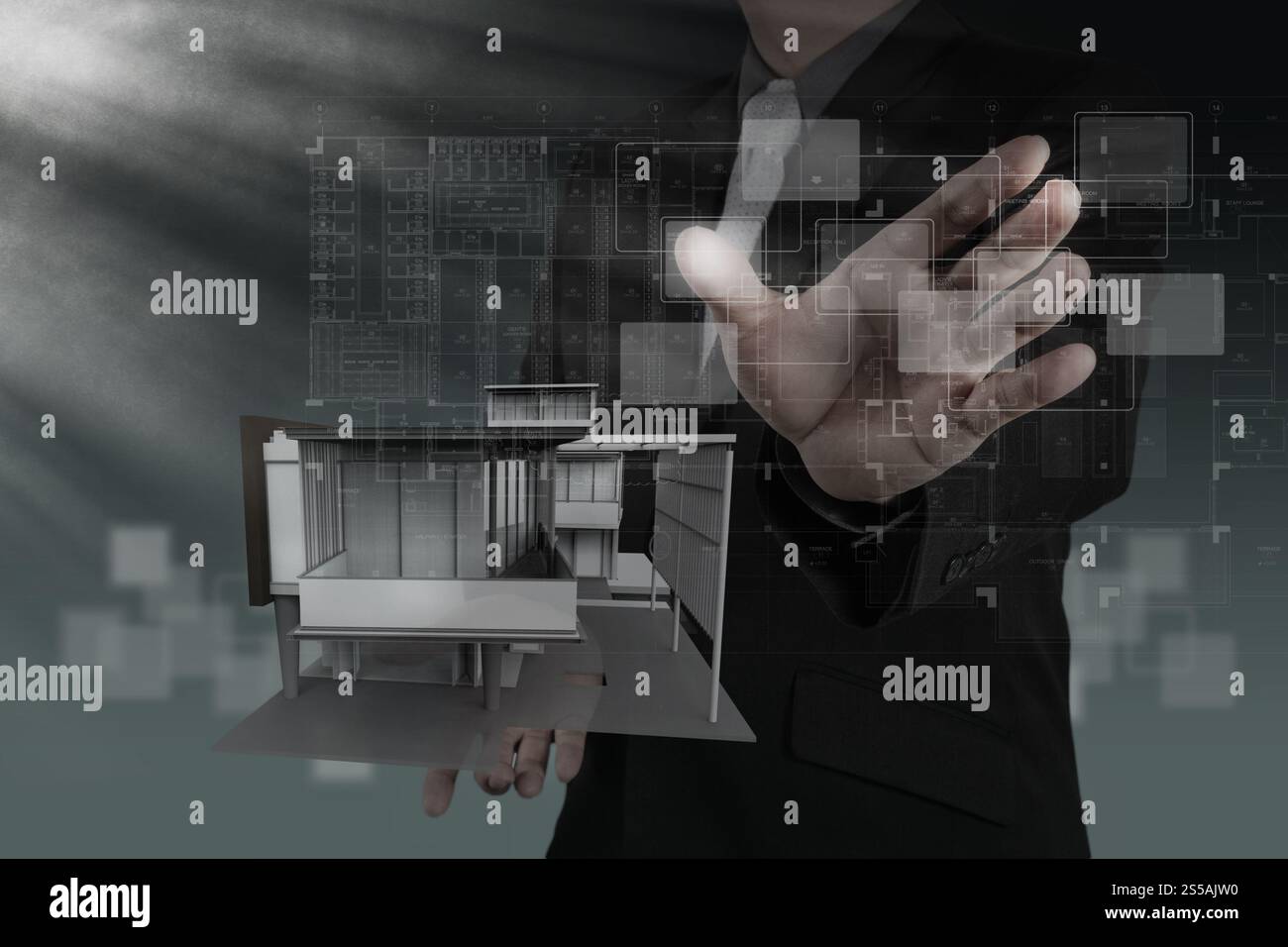 Geschäftsmann zieht Entwicklung Gebäudekonzept Stockfoto