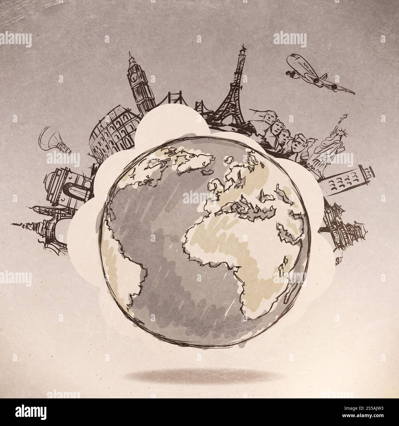 Flugzeug, Reisen auf der ganzen Welt als Vintage-Stil-Konzept Stockfoto