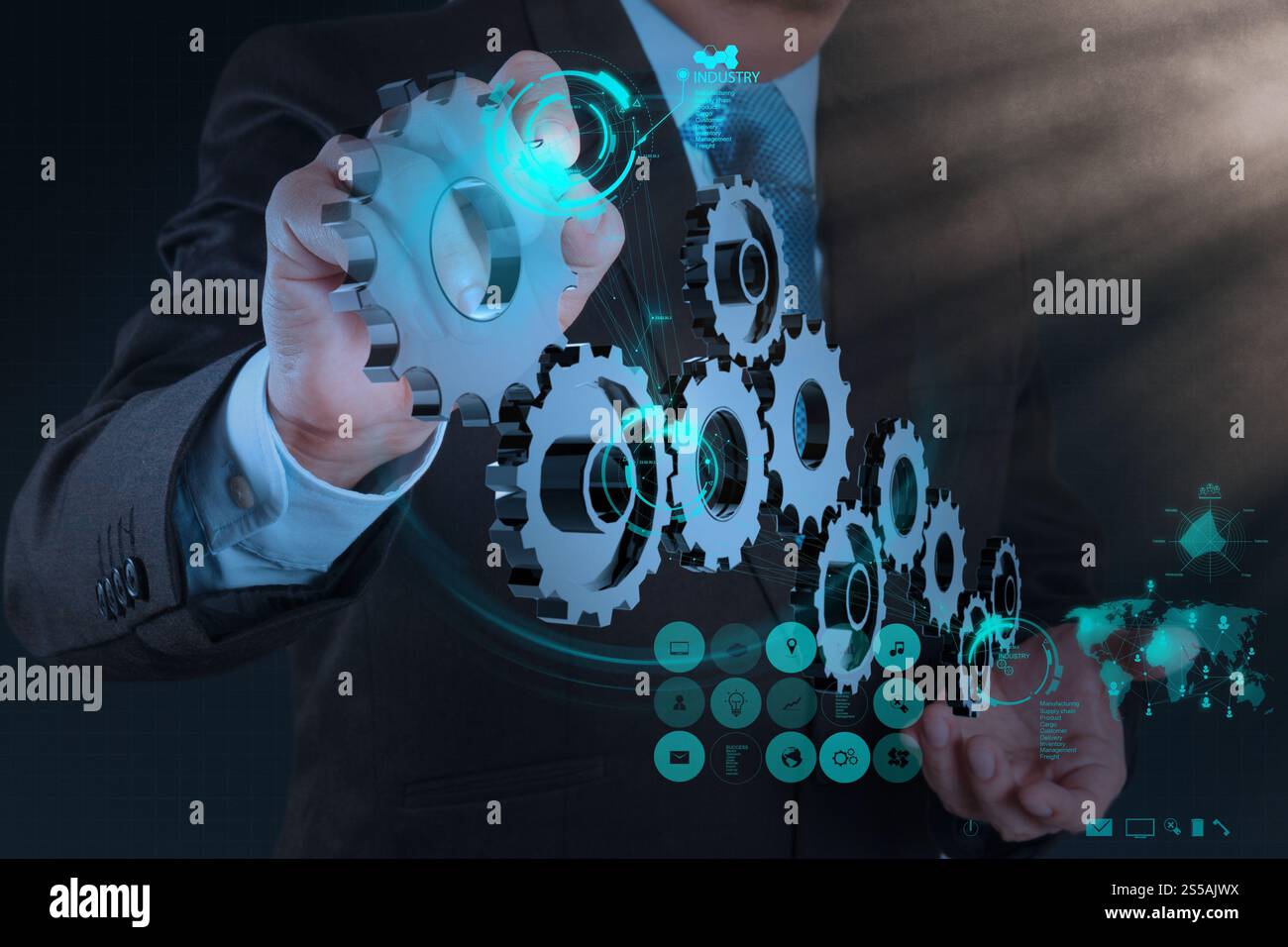 Geschäftsmann Hand arbeiten mit Zahnrad-Getriebe zum Erfolg als Konzept Stockfoto