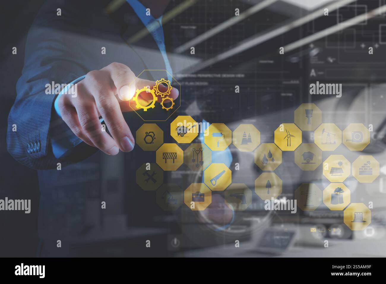 Doppelbelichtung Geschäftsmann Hand arbeiten mit Zahnrad-Getriebe zum Erfolg als Konzept Stockfoto
