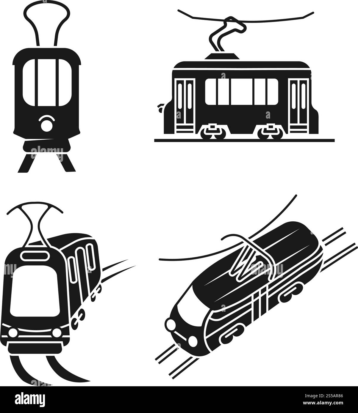 Symbole für Straßenbahnwagen gesetzt. Einfacher Satz von Straßenbahnwagen-Vektorsymbolen für Webdesign auf weißem Hintergrund. Straßenbahnwagen-Symbole Set, einfacher Stil Stock Vektor