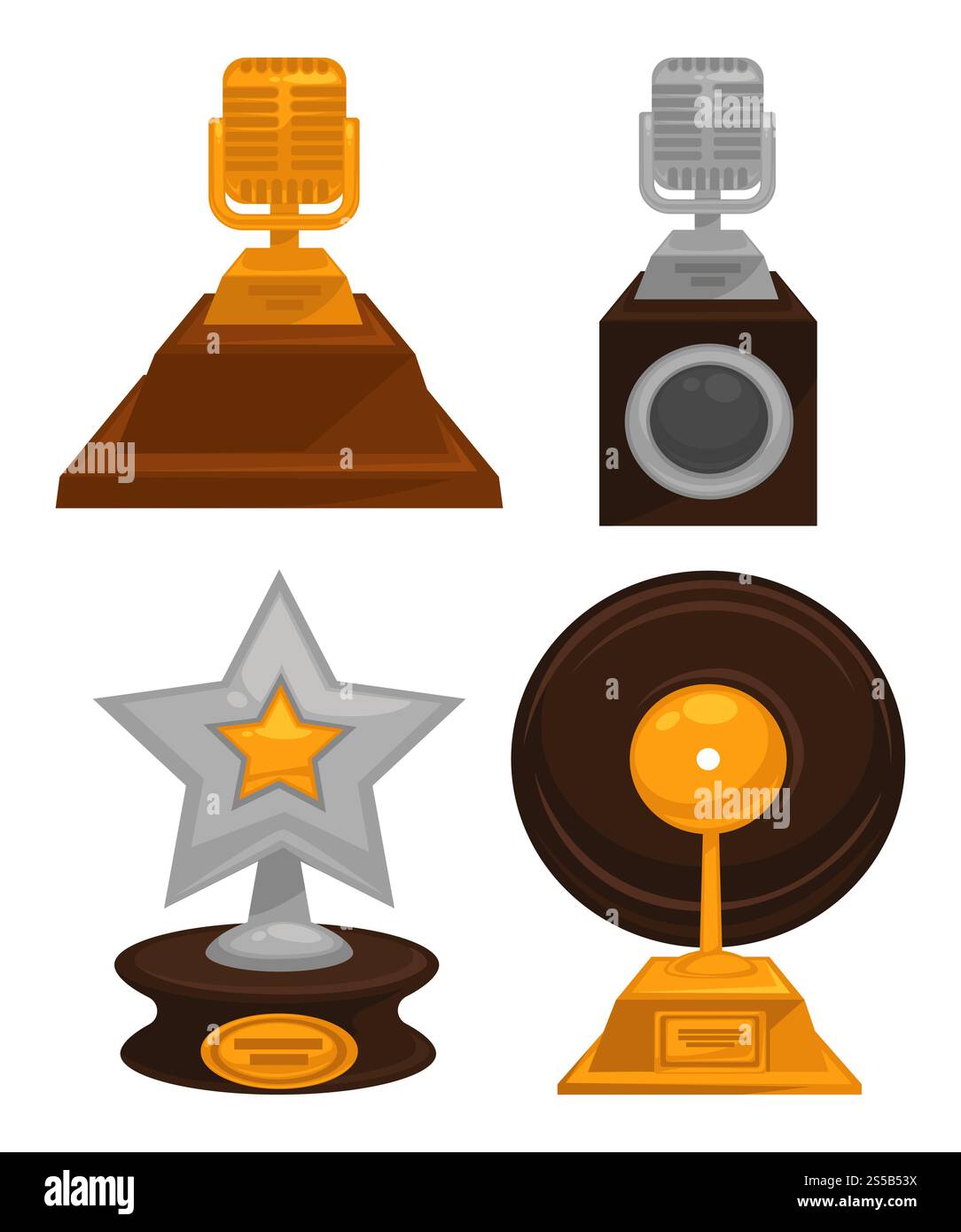 Prestigeträchtige, ehrenvolle Gold- und Silberpreise. Retro-Mikrofon, riesiger Stern und Vinylscheibe auf großen Ständen mit Platz für den Namen des Gewinners isolierte Cartoon-Vektor-Illustrationen auf weißem Hintergrund. Prestigeträchtige, ehrenvolle Gold- und Silberpreise Stock Vektor