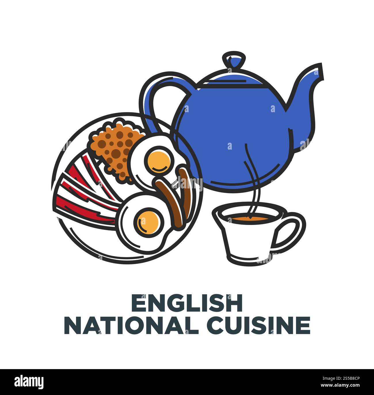 Promo-Poster für englische nationale Küche mit Tee und Frühstück. Nahrhafte Mahlzeit von gebratenem egs und Speck mit heißem Getränk aus der Teekanne in der Tasse isolierte Karikaturvektor-Illustration auf weißem Hintergrund. Promo-Poster für englische nationale Küche mit Tee und Frühstück Stock Vektor Promo-Poster für englische nationale Küche mit Tee und Frühstück. Nahrhafte Mahlzeit von gebratenem egs und Speck mit heißem Getränk aus der Teekanne in der Tasse isolierte Karikaturvektor-Illustration auf weißem Hintergrund. Promo-Poster für englische nationale Küche mit Tee und Frühstück Stock Vektor