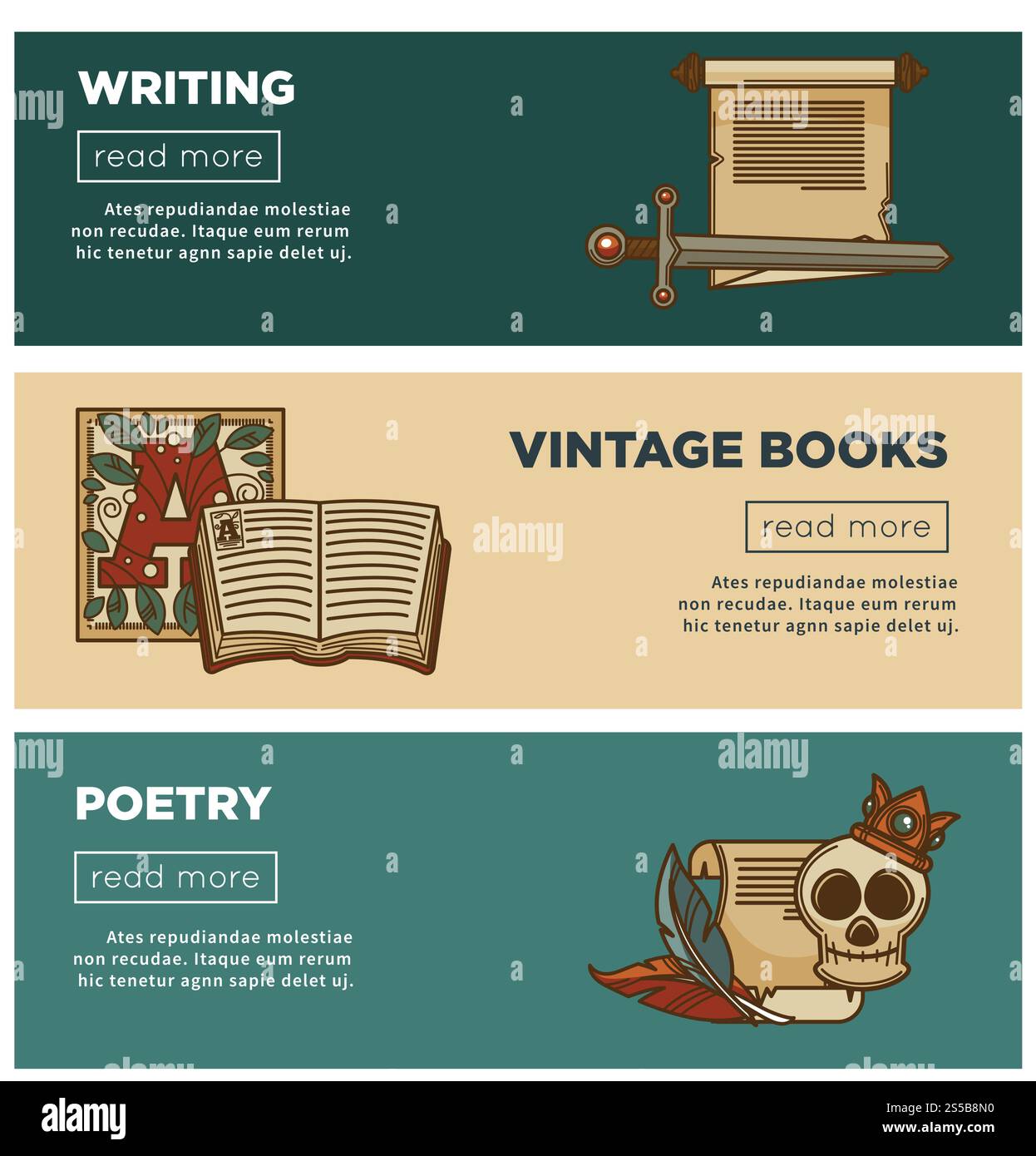 Vintage-Bücher und Poesie-Webbanner für Buchhandlungen oder Buchhandlungen und Literaturbibliotheken. Vektordesign von Romanen oder Romanen und Abenteuerbüchern, Schreibtischschreibern oder Schreibmaschinen und mittelalterlichen Gedichtschädel. Vintage Poesie Bücher Banner für Buchhandlungen oder Buchhandlungen Bibliothek mit Schreibwaren Stock Vektor