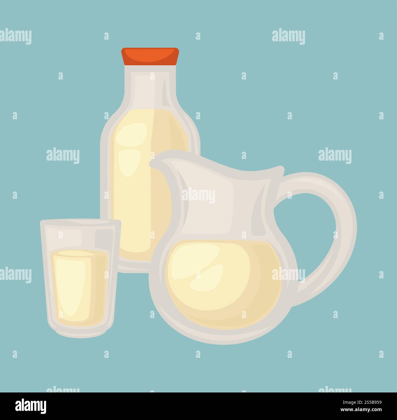 Köstliche frische Milch im kleinen Glas, große Kanne mit Griff und Flasche mit rotem Deckel. Natürliche Milchprodukte in transparenten Gefäßen isolierte Zeichentrickvektorillustration auf blauem Hintergrund. Köstliche frische Milch im kleinen Glas, große Kanne und Flasche mit Deckel Stock Vektor