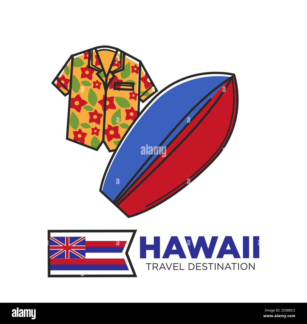 Werbeplakat zum Reiseziel Hawaii mit Hemd mit Blumenmuster und Surfbrett aus Holz. Traditionelle Kleidung und Wassersportausrüstung isolierte Karikaturvektorillustration auf weißem Hintergrund. Werbeplakat mit Blumenhemd und Surfbrett für Hawaii Reiseziel Stock Vektor