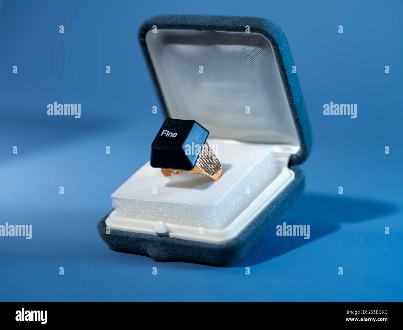 Nahaufnahme eines Computerschlüssels mit dem Wort fein auf einen Ring in der Geschenkbox geklebt Stockfoto