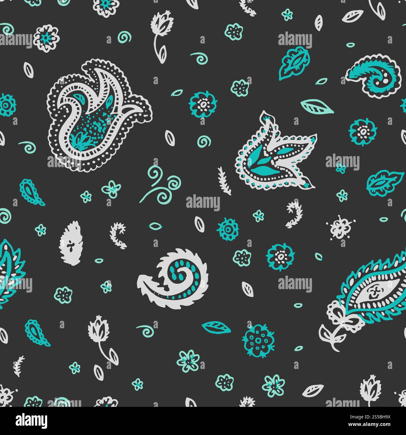 Paisley-Ornament in Türkis auf grauem Hintergrund. Authentisches indisches Blumenmuster. Ursprüngliche östliche endlose Textur, die aus Wirbeln und floralen Motiven besteht, die für textile Vektor-Illustration verwendet werden.. Paisley-Ornament in Türkis auf grauem Hintergrund Stock Vektor