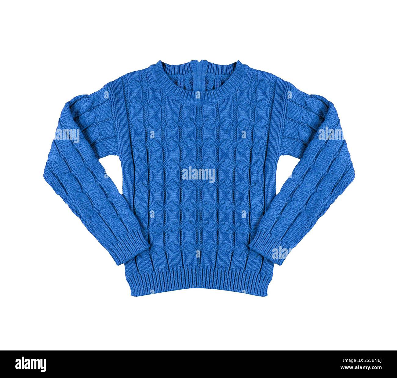 Blauer warmer Strickpullover mit einem Muster auf weißem Hintergrund. Blauer, warmer Strickpullover mit Muster Stockfoto