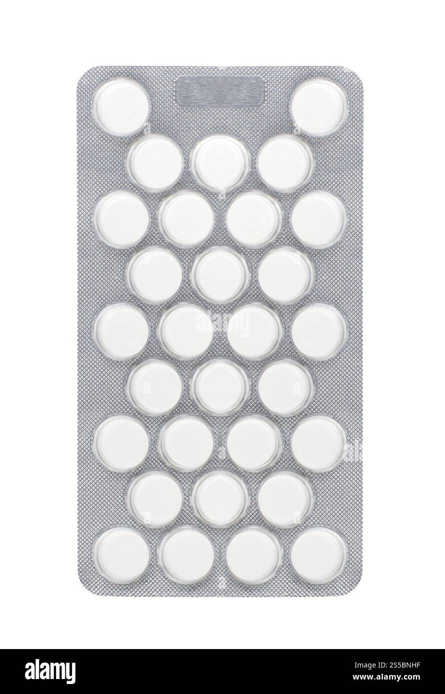 Packung medizinische Pillen isoliert auf weißem Hintergrund. Packung von medizinischen Pillen isoliert Stockfoto