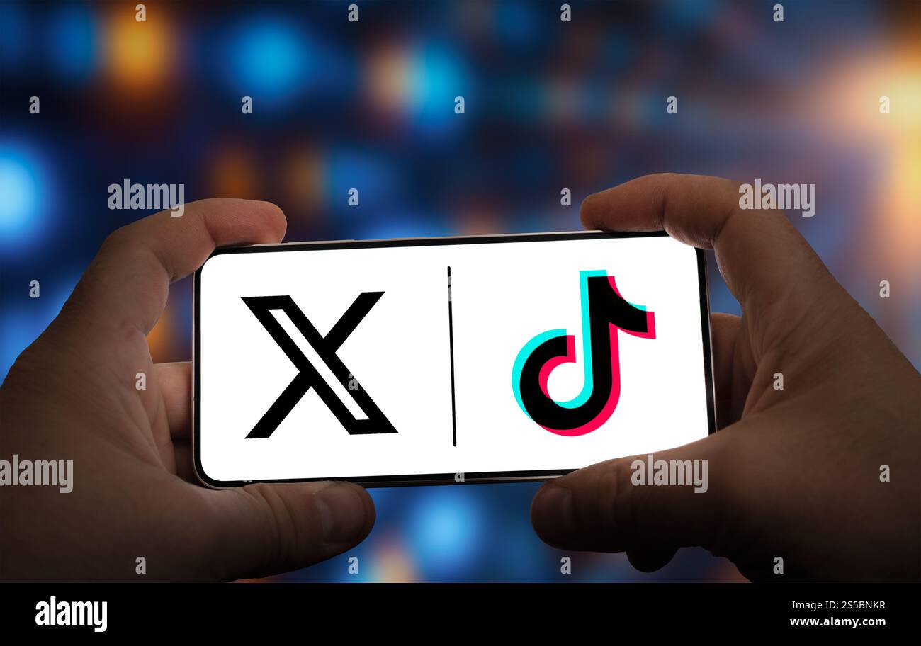 X und das TikTok Firmenlogo werden auf dem Mobilgerät angezeigt Stockfoto