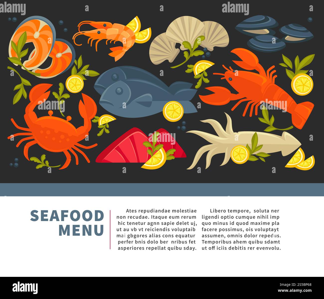 Meeresfrüchtemenü Heller lila Deckel mit endloser Textur. Meereskrabbe, riesiger Hummer, zarter Lachs, exotischer Tintenfisch und Königsgarnelen monochrome Skizzen in nahtloser Muster Cartoon flache Vektor-Illustration.. Meeresfrüchtemenü Heller lila Deckel mit endloser Textur Stock Vektor