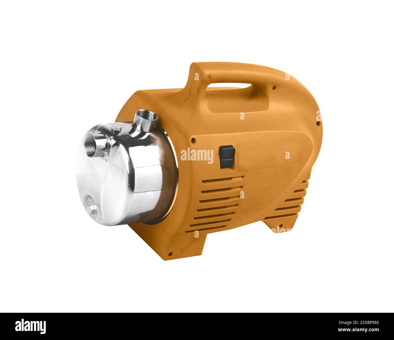 Pumpe mit einem Elektromotor der Farbe ruge isoliert auf weißem Hintergrund. Pumpe mit einem Elektromotor der Farbe ruge Stockfoto