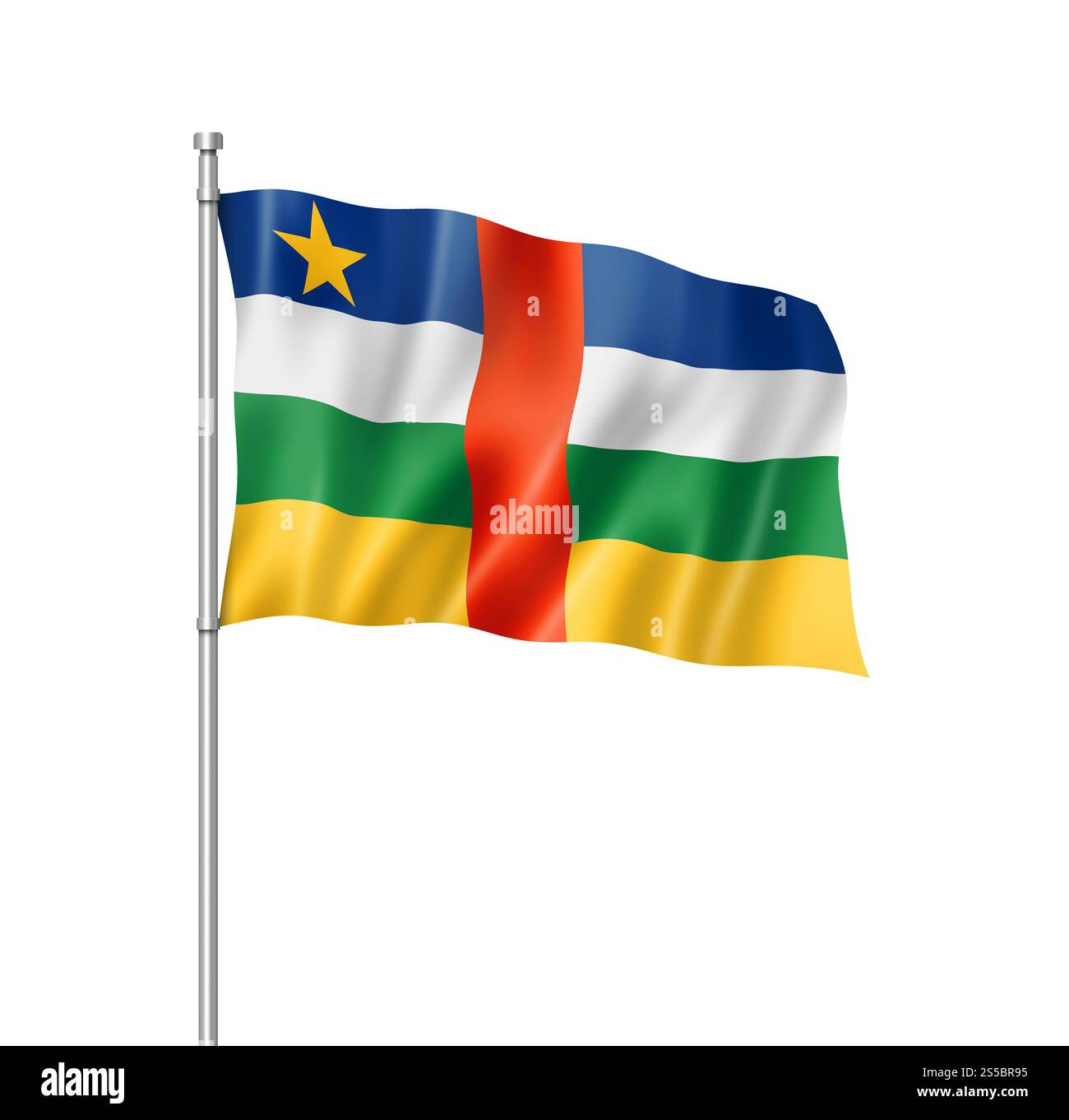 Zentralafrikanische Flagge, dreidimensionales Rendering, isoliert auf weiß. Flagge der Zentralafrikanischen Republik isoliert auf weiß Stockfoto