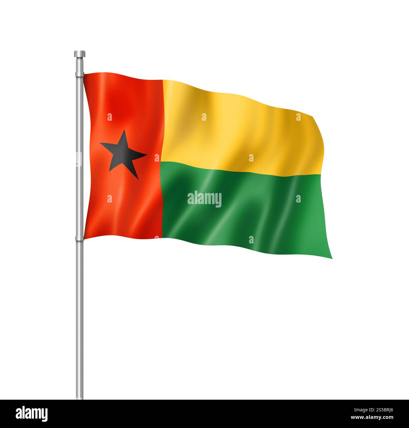 Guinea-Bissau-Flagge, dreidimensionales Rendering, isoliert auf weiß. Guinea-Bissau-Flagge isoliert auf weiß Stockfoto