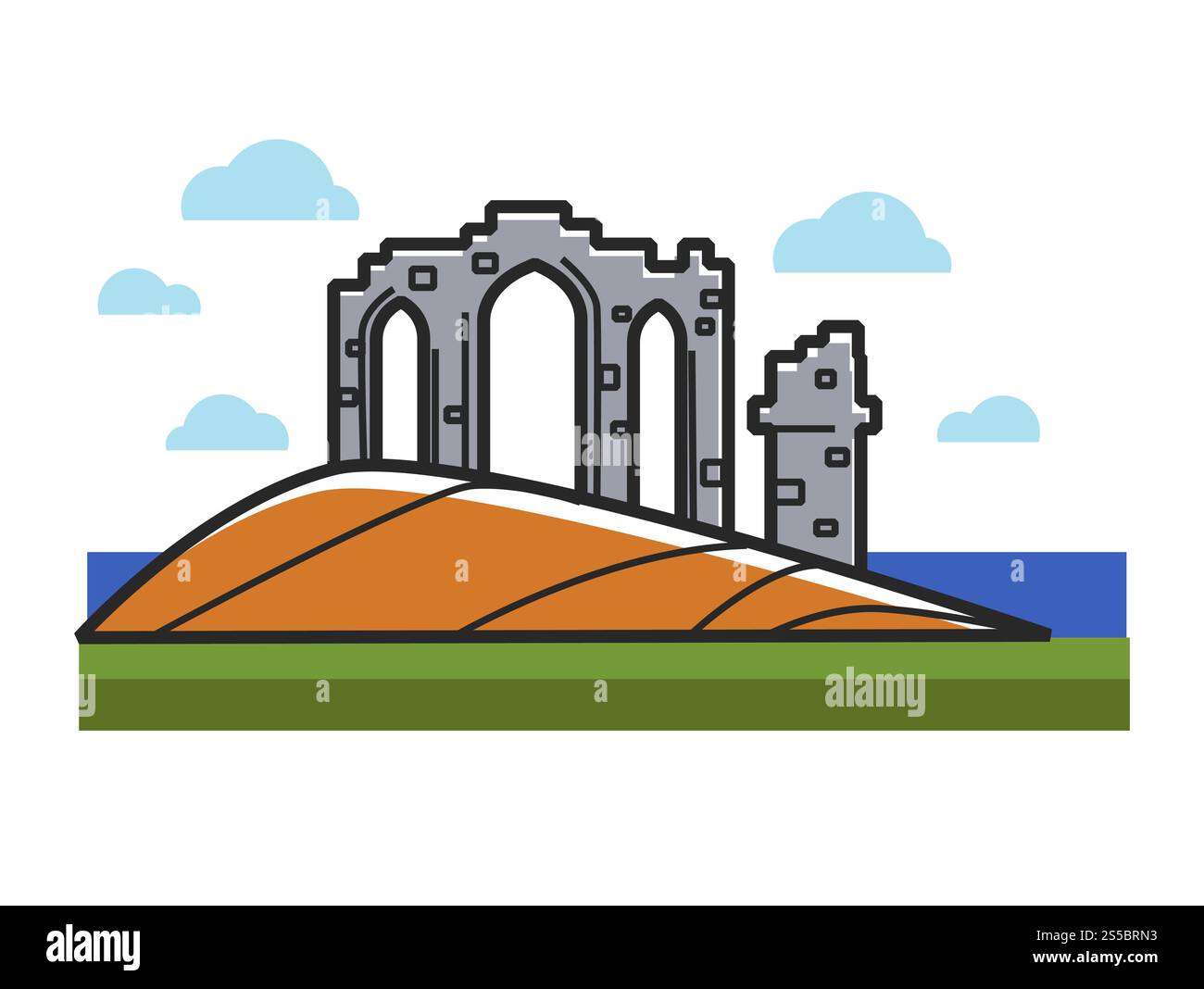 Steinbögen Ruinen aus Schottland auf einem Hügel in der Nähe des Ozeans. Antike Konstruktion mit historischem Wert. Keltisches Gebäude unter Wolke isolierte Zeichentrick flache Vektor-Illustration auf weißem Hintergrund. Steinbögen Ruinen aus Schottland auf einem Hügel in der Nähe des Ozeans Stock Vektor