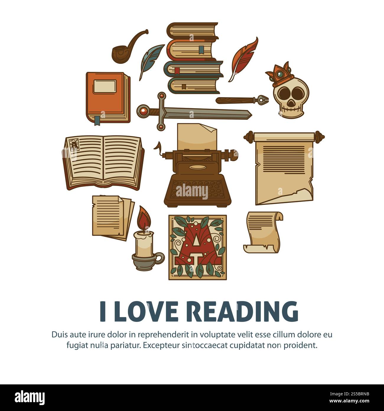 Ich lese gerne Poster mit Vintage-Büchern und Schriftstellersymbolen. Vektor alte Schreibmaschine, Abenteuer- oder Detektivbücher, Tintenfeder und Schädel mit Kerze, Rauchpfeife und altes Schwert. Ich liebe es, Poster mit alten Büchern zu lesen Stock Vektor