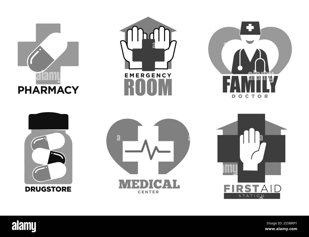 Krankenhaus, medizinische Klinik und Apotheke Logo Vorlagen Set. Vektorsymbole von pharmazeutischem Kreuz und Pillen, Kardiologie-Herzpuls und erste-Hilfe-Hand für Hausarztpraxis. Medizinische Krankenhaus- und Apothekenvektorsymbole Stock Vektor