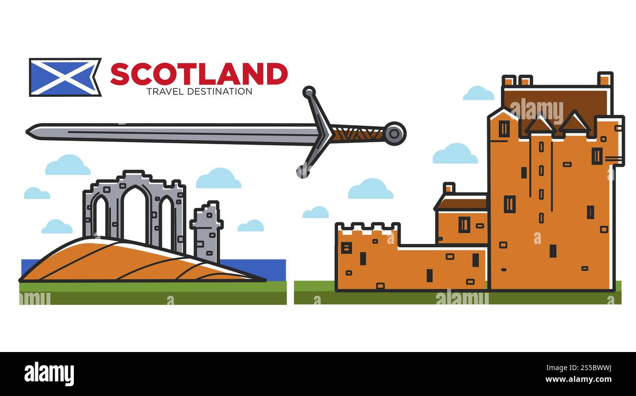 Schottland Reiseziel Promo-Poster mit Architektur und altem Schwert. Alte Gebäude aus Backstein und historische Relikt isoliert Zeichentrick flache Vektor-Illustrationen auf weißem Hintergrund. Schottland Reiseziel Promo-Poster mit Architektur und altem Schwert Stock Vektor