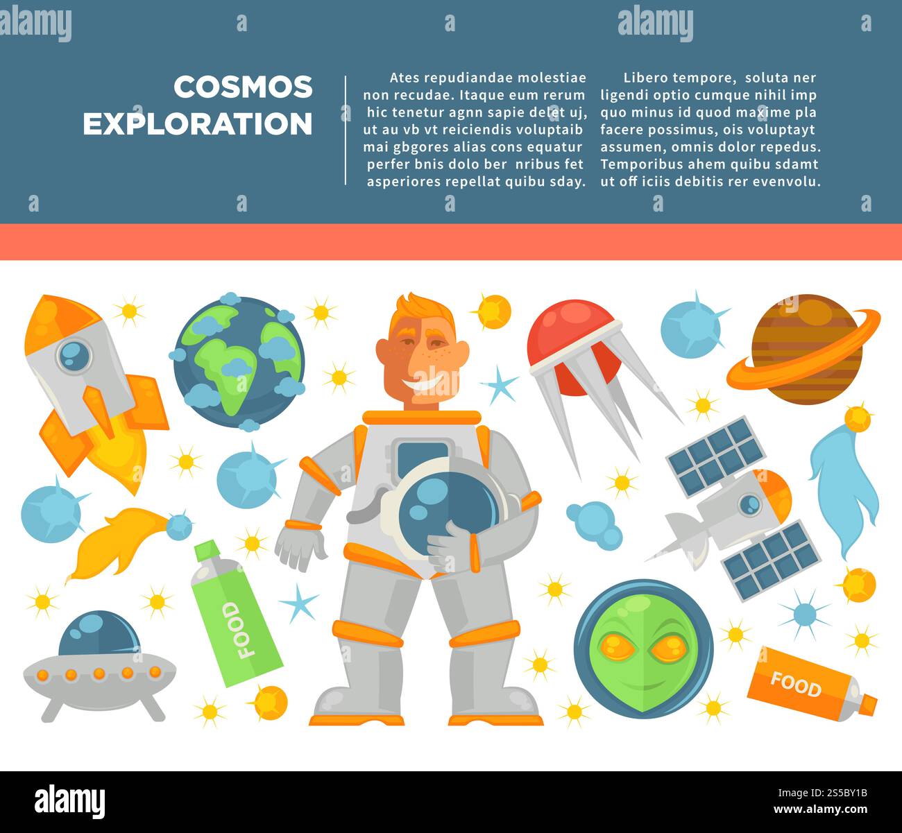 Poster zur Erforschung des Universums und des Kosmos mit kosmischen und Astronauten-Symbolen. Vektorflaches Design von Planetensatelliten, Meteoriten und Galaxienumlaufbahnen oder Raketenraumschiffen. COSMOS-Vektorplakat zur Erforschung des Universums Stock Vektor
